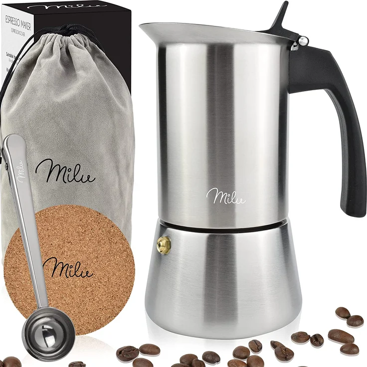 Milu Espressokocher (2 Cup No Induktion) | Edelstahl Mokkakanne, Espressokanne, Espresso Maker Set inkl. Untersetzer, Löffel, Bürste 100 ml – Bild 1