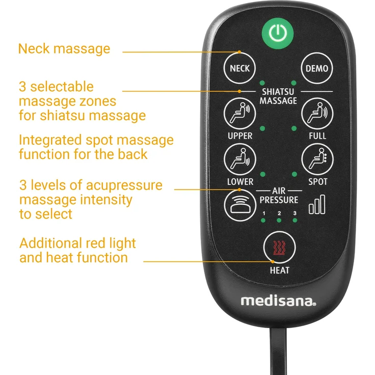 medisana MC 825 Shiatsu Massageauflage für Rücken und Nacken, Massagesitzauflage mit Akupressur, Nackenmassage, Wärmefunktion, 3 Intensitäten, Rotlichtfunktion, mit Fernbedienung, Aufbewahrungsbeutel – Bild 5