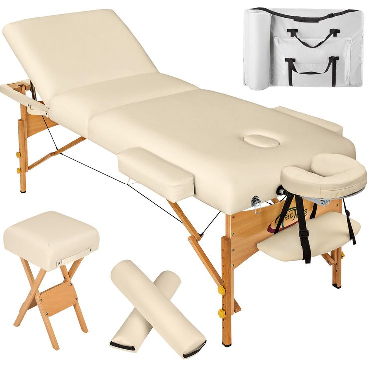 Tectake 3 Zonen Massageliege mit 10 cm Polsterung, Rollen und Holzgestell