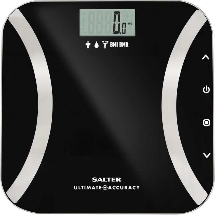 SALTER Ultimate digitale Personenwaage, Extrem Präzise, Körpermasse, Körperfett, Wasseranteil, BMI und BMR, 50 g Schritte, Präzise Gewichtskontrolle, Benutzerspeicher, Kg, St, LB