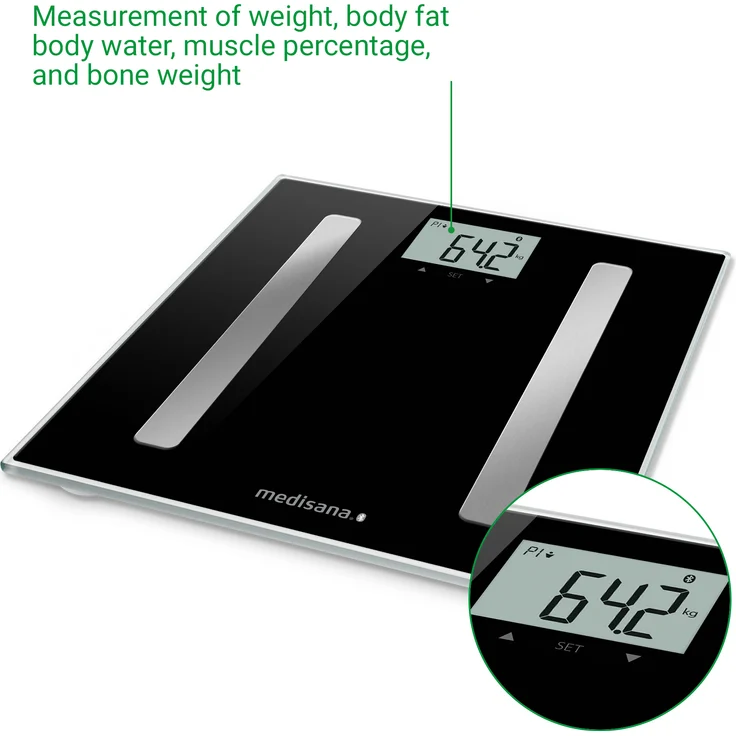 medisana BS A45 connect, digitale Körperanalysewaage 180 kg, Personenwaage zur Messung von Körperfett, Körperwasser, Muskelmasse und Knochengewicht, Körperfettwaage mit Körperanalyse App – Bild 5