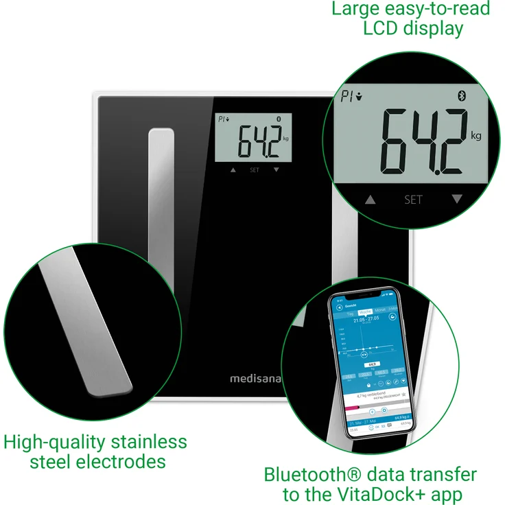medisana BS A45 connect, digitale Körperanalysewaage 180 kg, Personenwaage zur Messung von Körperfett, Körperwasser, Muskelmasse und Knochengewicht, Körperfettwaage mit Körperanalyse App – Bild 6