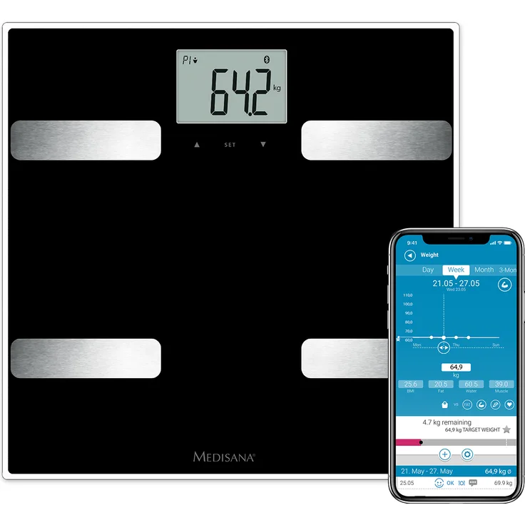 medisana BS A41 connect, digitale Körperanalysewaage bis 180kg, Personenwaage zur Messung von Körperfett, Körperwasser, Muskelmasse und Knochengewicht, Körperfettwaage mit Körperanalyse App