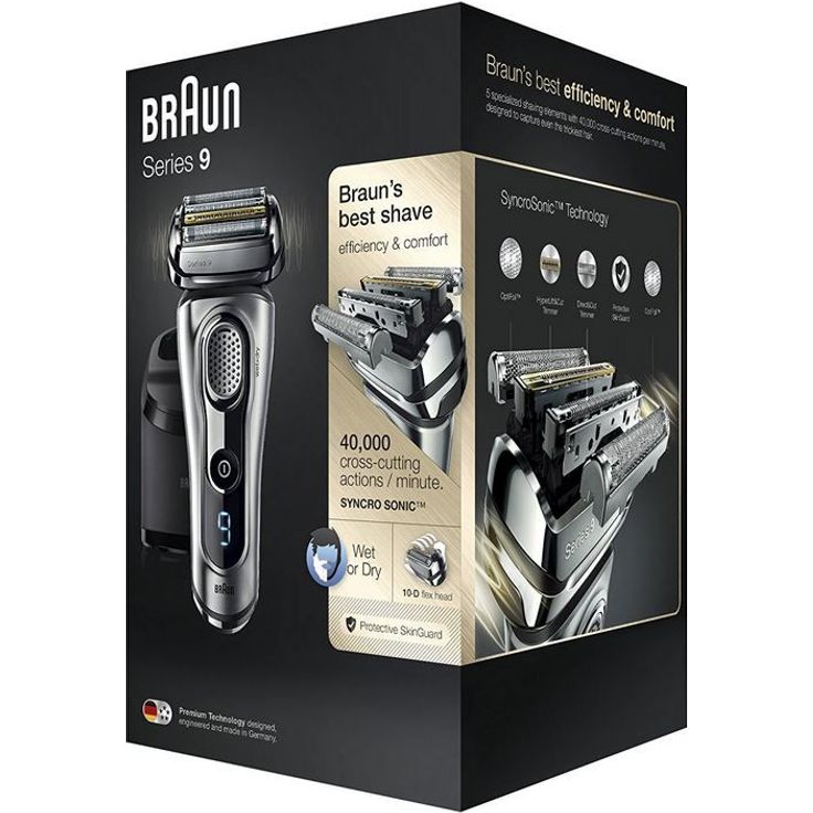 Braun Series 9 9291cc Wet & Dry Herren Rasierer Nass- und Trockenanwendung SyncroSonic Technologie inkl. Reinigungsstation, Lederetui silber – Bild 4