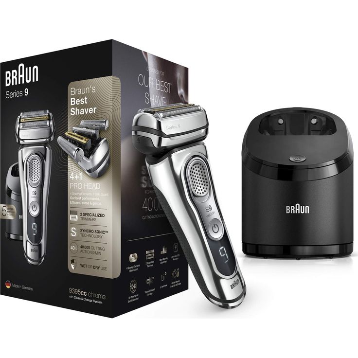 Braun Series 9 9395cc Wet & Dry Herren Rasierer Nass- und Trockenanwendung SyncroSonic Technologie inkl. Reinigungsstation, Lederetui chrom – Bild 1