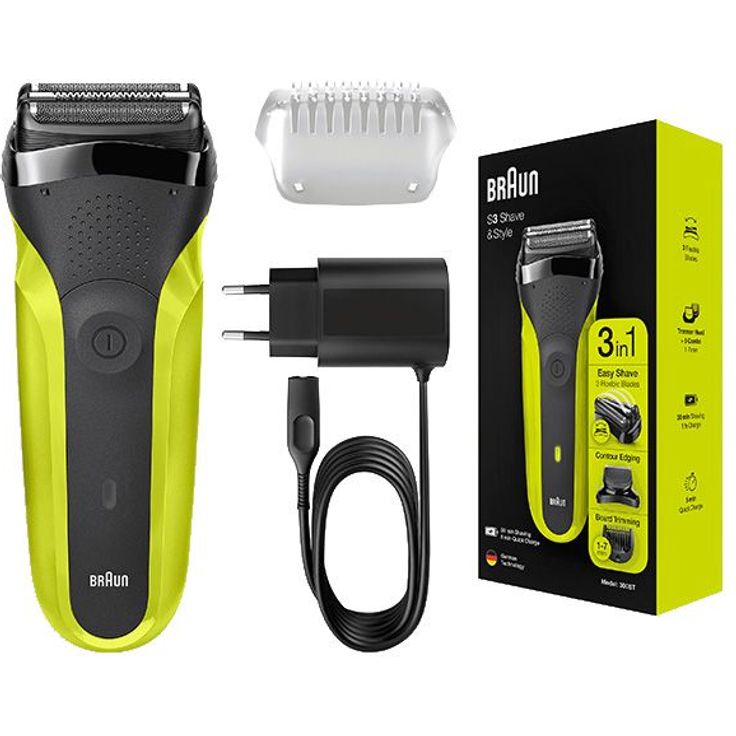 Braun 300BT Gelb Nass- und Trockenrasur Edelstahl-Klingen inkl. Kammaufsaätze – Bild 1