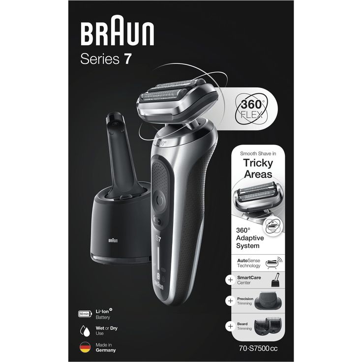Braun Series 7 70-S7500cc Flex Adaptive System Herren Rasierer Nass- und Trockenanwendung Akkubetrieb inkl. Trimmeraufsatz, Reinigungsstation, Reiseetui silber – Bild 2