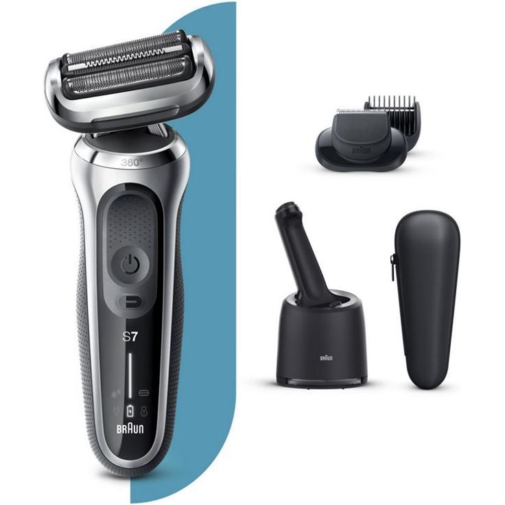 Braun Series 7 70-S7500cc Flex Adaptive System Herren Rasierer Nass- und Trockenanwendung Akkubetrieb inkl. Trimmeraufsatz, Reinigungsstation, Reiseetui silber – Bild 4