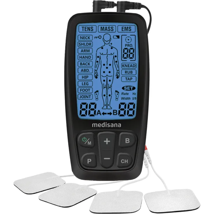 medisana TENS Gerät, EMS Reizstromgerät mit 60 Programmen professionelles Elektrotherapiegerät Muskelentspannung und Schmerzlinderung an Rücken, Nacken, Schultern, Bauch, Hüfte mit 4 Elektrodenpads