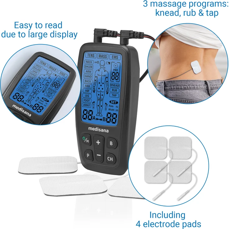 medisana TENS Gerät, EMS Reizstromgerät mit 60 Programmen professionelles Elektrotherapiegerät Muskelentspannung und Schmerzlinderung an Rücken, Nacken, Schultern, Bauch, Hüfte mit 4 Elektrodenpads – Bild 6