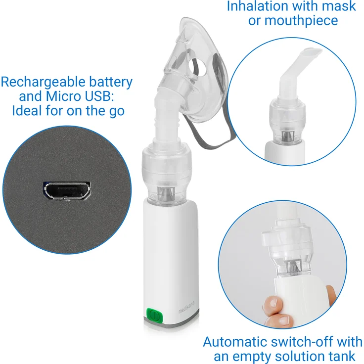 medisana IN 535 tragbarer Inhalator für Unterwegs, Kompressor Vernebler mit Mundstück und Maske für Erwachsene und Kinder, bei Erkältungen oder Asthma mit wiederaufladbarem Akku per Micro-USB – Bild 6