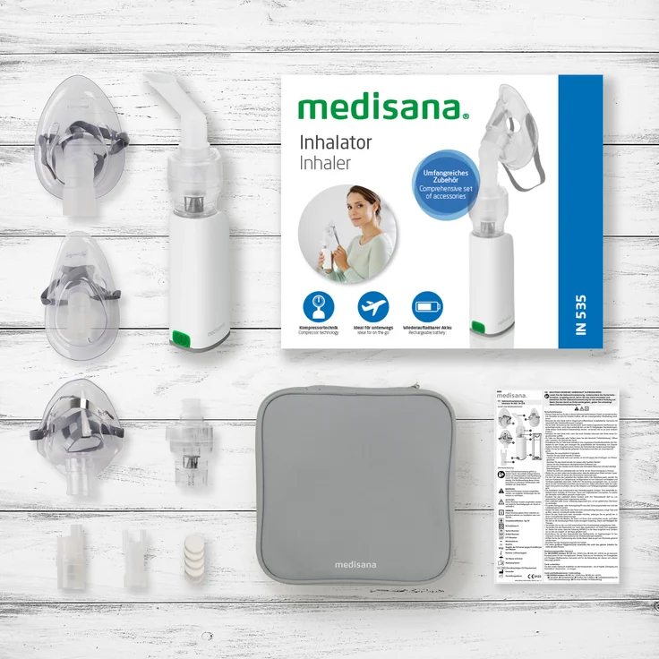 medisana IN 535 tragbarer Inhalator für Unterwegs, Kompressor Vernebler mit Mundstück und Maske für Erwachsene und Kinder, bei Erkältungen oder Asthma mit wiederaufladbarem Akku per Micro-USB – Bild 7