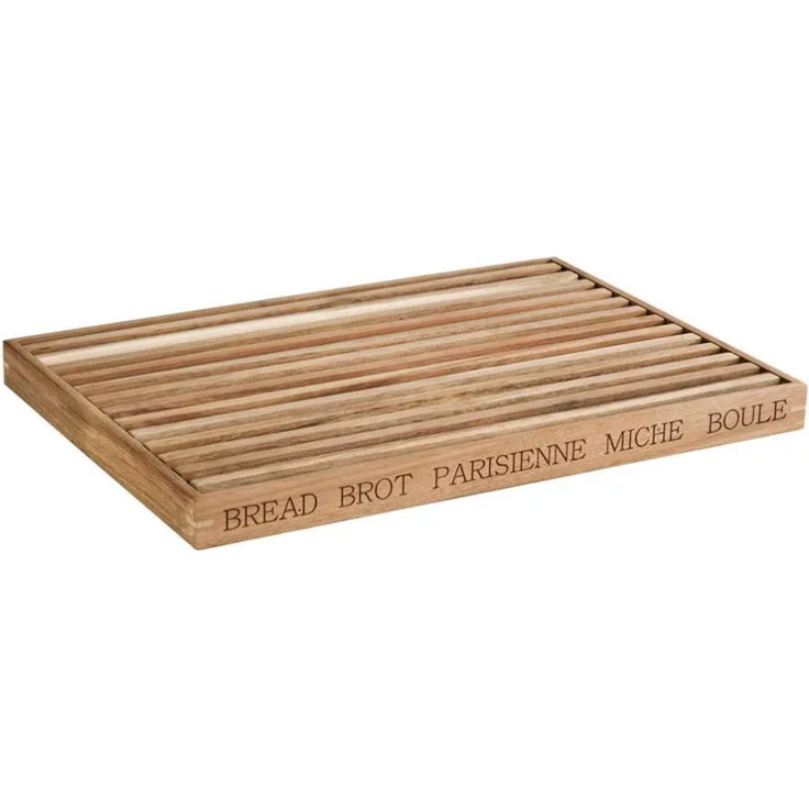 Brotschneidebrett -LETTER- 48 x 34 cm, H: 3,5 cm Akazienholz herausnehmbares Krümelfach auf 4 Antirutschfüßen stehend mit internationaler Aufschrift