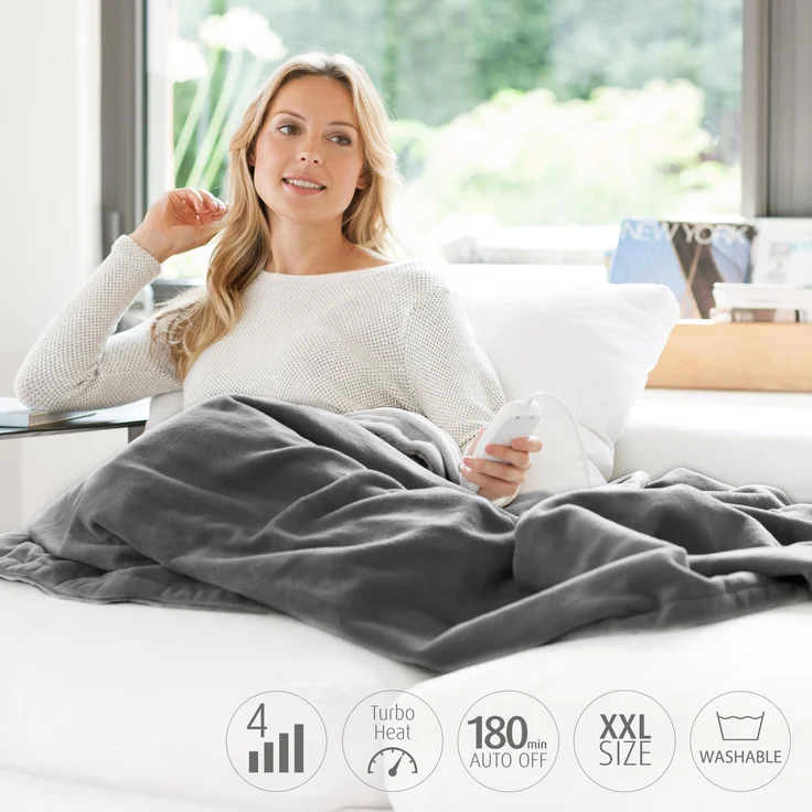 medisana HB 675 Kuschelheizdecke XXL, waschbar, Kuscheldecke mit Abschaltautomatik, 4 Temperaturstufen, 200 x 150 cm, 2-farbig Wendeoptik, grau/dunkelgrau – Bild 3