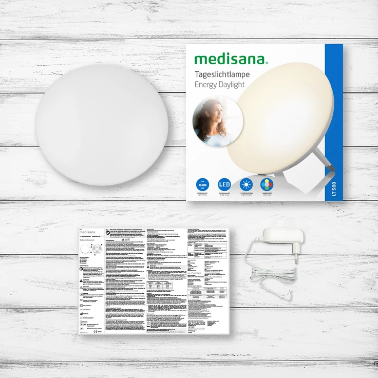 medisana LT 500 Tageslichtlampe, Tageslichtleuchte mit Farbwechsel in 4 Farben, Lichtstärke von 10.000 Lux, Lichttherapie gegen Winterdepressionen, LED-Lichtdusche – Bild 8