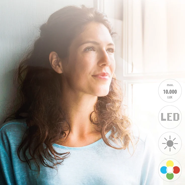 medisana LT 500 Tageslichtlampe, Tageslichtleuchte mit Farbwechsel in 4 Farben, Lichtstärke von 10.000 Lux, Lichttherapie gegen Winterdepressionen, LED-Lichtdusche – Bild 5