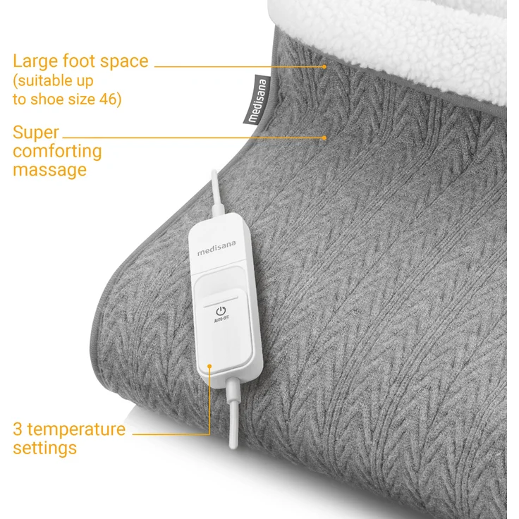 medisana FW 150 Fußwärmer im Strickmuster, elektrische Fußheizung, 3 Temperaturstufen, Abschaltautomatik, Überhitzungsschutz, flauschig waschbarem Innenfutter – Bild 5