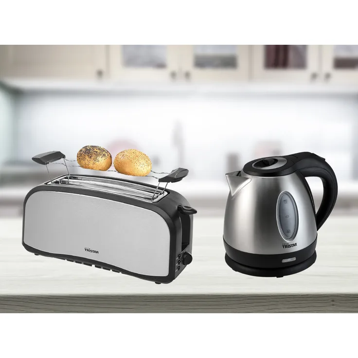 Tristar 2in1 Frühstücksset Wasserkocher 1,2 Liter, 1500W, und Doppelschlitztoaster, 1400W, silber, schwarz