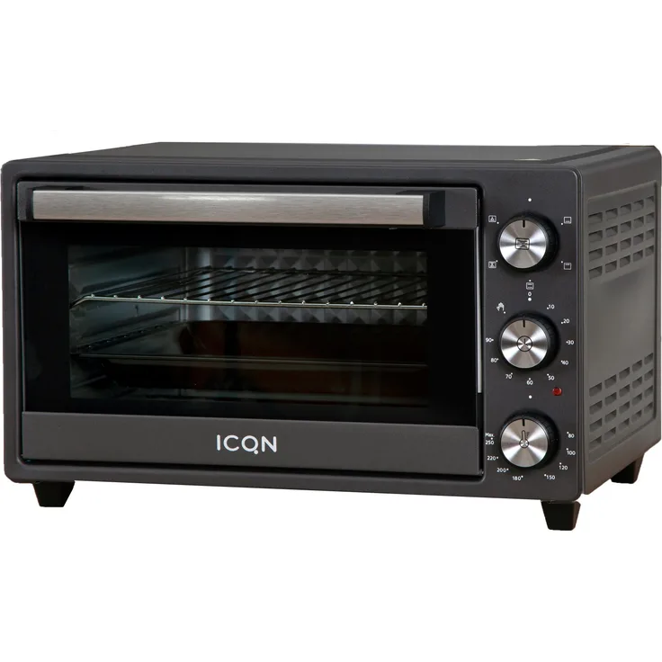 ICQN Minibackofen 20L, Pizza-Backofen, Ober-Unterhitze mit Umluft-Funktion, 5 Grill-Funktion, 90 Min. Timer, 1500 W, Mini Oven, 80°-250°C, Backblech-Grill-Krümelblech und Blechhalter, Schwarz