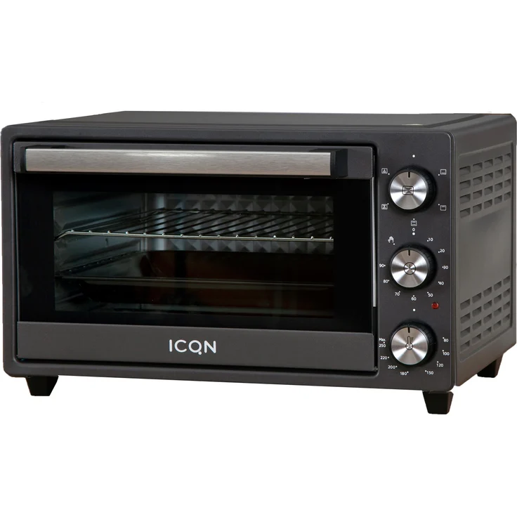 ICQN Minibackofen 20L, Pizza-Backofen, Ober-Unterhitze mit Umluft-Funktion, 5 Grill-Funktion, 90 Min. Timer, 1500 W, Mini Oven, 80°-250°C, Backblech-Grill-Krümelblech und Blechhalter, Schwarz – Bild 1