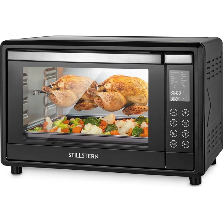 Stillstern Minibackofen mit Umluft (45L) Deutsche Version, 13 Programme, Zubehör 2x Backblech, Drehspieß, Ofenhandschuhe, LED-Display, 2000W, Toaster Grill Pizzaofen Mini Backofen ideal für Camping
