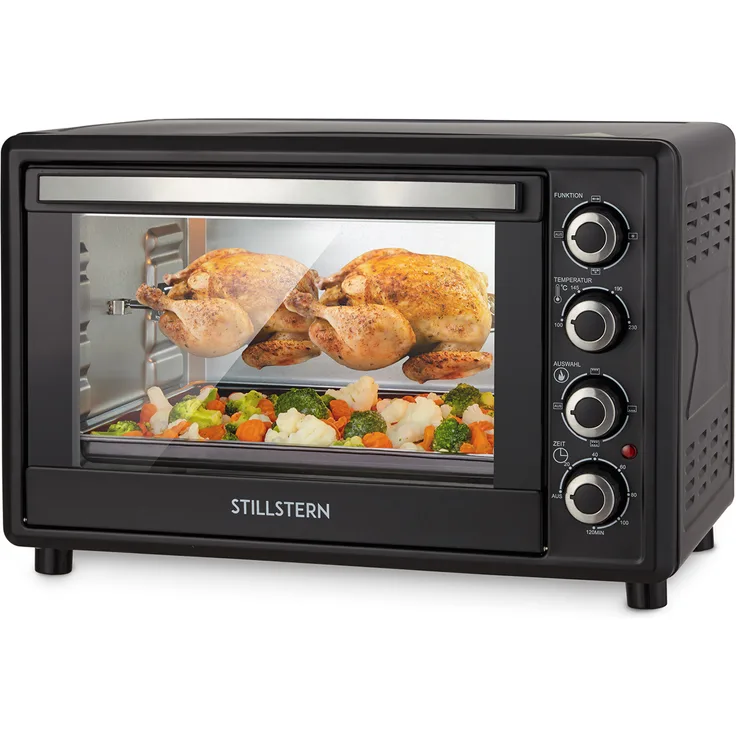 Stillstern Minibackofen mit Umluft (35L) Deutsche Version, 2x Backblech, Ofenhandschuhe, Rezeptheft, Drehspieß, Timer, Innenbeleuchtung, 1600W, Toaster Grill Pizzaofen Mini Backofen ideal für Camping
