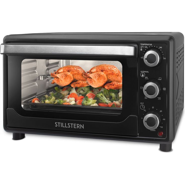Stillstern Minibackofen mit Umluft (25L) Deutsche Version, 2x Backblech, Ofenhandschuhe, Rezeptheft, Drehspieß, Timer, Innenbeleuchtung, 1500W, Toaster Grill Pizzaofen Mini Backofen ideal für Camping – Bild 2