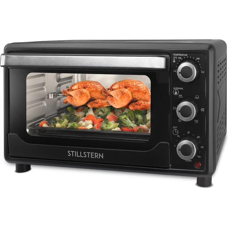 Stillstern Minibackofen mit Umluft (25L) Deutsche Version, 2x Backblech, Ofenhandschuhe, Rezeptheft, Drehspieß, Timer, Innenbeleuchtung, 1500W, Toaster Grill Pizzaofen Mini Backofen ideal für Camping – Bild 1