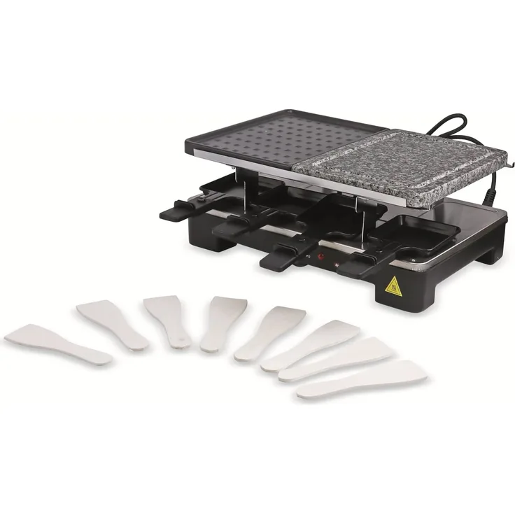 Alpina 61822325 Raclette-Stein-Grill, 1400 W, inkl. 8 Raclette-Pfännchen und 8 Spachteln, Temperaturregler, antihaftbeschichet, Kontrollleuchte, schwarz