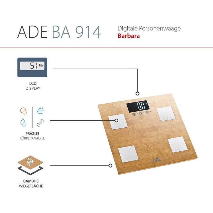 ADE Körperanalysewaage BA 914 Barbara, Digitale Personenwaage mit Körperfettanalyse, Wiegefläche aus echtem Bambus zur präzisen Gewichtsbestimmung, Analyse von Körperwasser und Muskelmasse, Braun – Bild 2