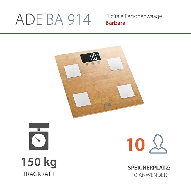 ADE Körperanalysewaage BA 914 Barbara, Digitale Personenwaage mit Körperfettanalyse, Wiegefläche aus echtem Bambus zur präzisen Gewichtsbestimmung, Analyse von Körperwasser und Muskelmasse, Braun – Bild 3