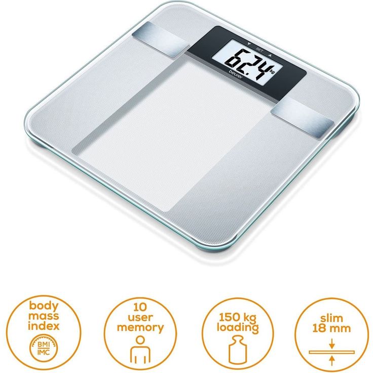 Beurer BG 13 Glas, Diagnosewaage mit großer LCD, Anzeige, misst Gewicht, Körperfett, Körperwasser, Muskelanteil und BMI – Bild 3