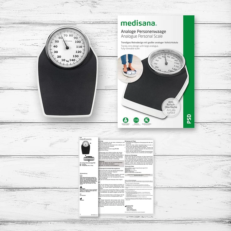 medisana PSD mechanische Personenwaage bis 150 kg, analog, Retrowaage im klassischem Design Badezimmerwaage im klassichen Design und großer Skala – Bild 7