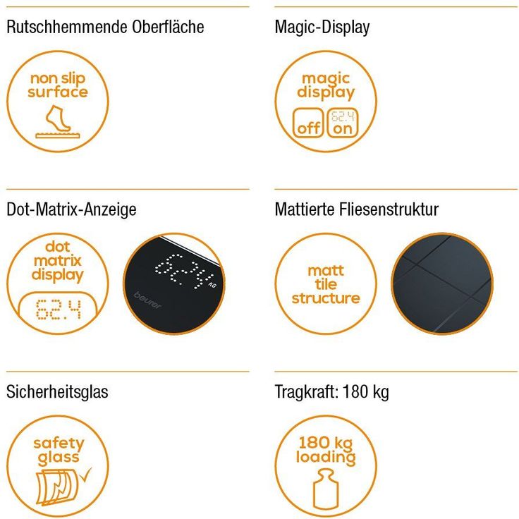 Beurer GS 235 Glaswaage, Digitale Personenwaage mit Magic, Display, Anti, Rutsch Oberfläche in matter Fliesenoptik, Ein, und Abschaltautomatik, schwarz – Bild 3