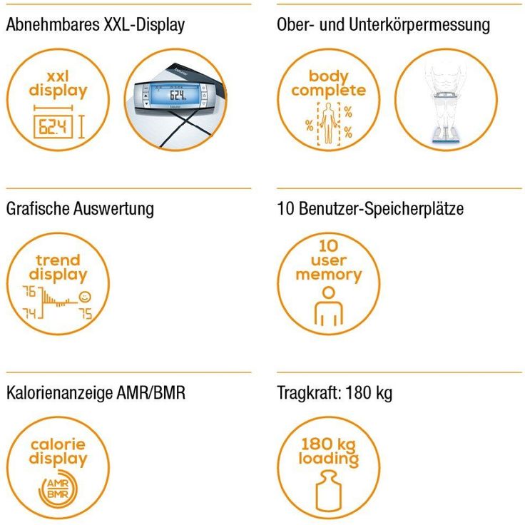 Beurer BF 105 Body Complete Diagnosewaage mit abnehmbarem XXL, Display, Ganzkörperanalyse mit separater Ober, und Unterkörpermessung, inklusive App – Bild 5