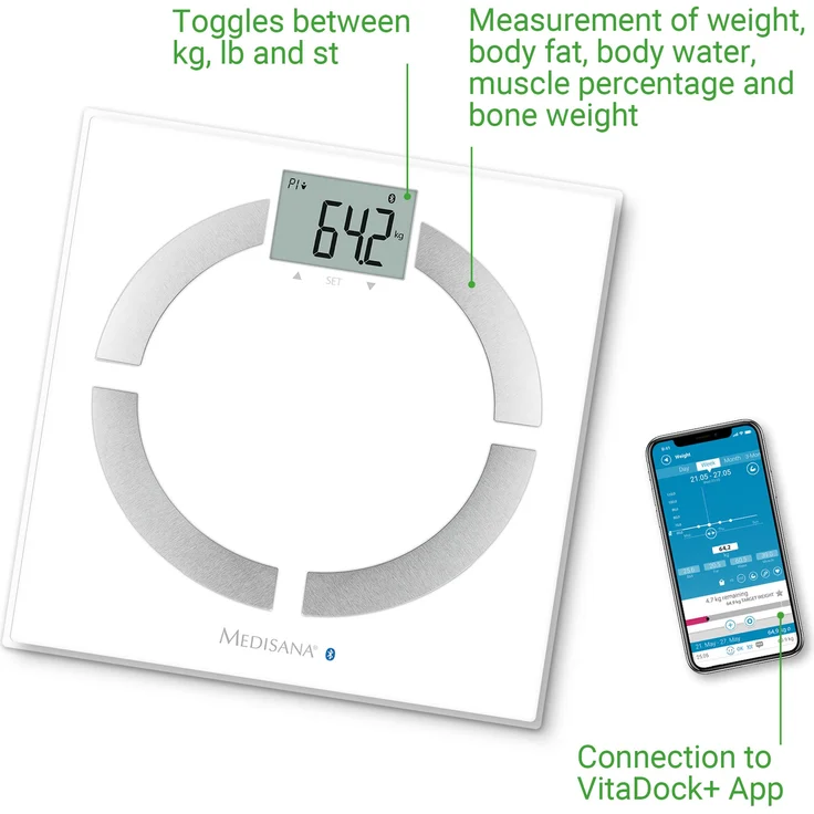 medisana BS 444 connect Körperanalysewaage 180 kg, Personenwaage zur Messung von Körperfett, Körperwasser, Muskelmasse und Knochengewicht mit Bluetooth und Analyse App – Bild 5
