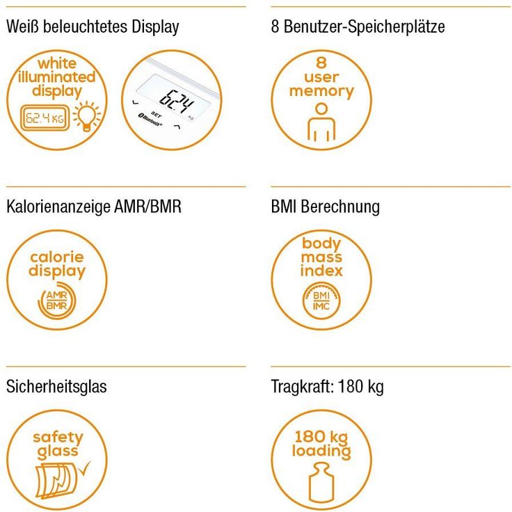 Beurer BF 600 Diagnosewaage weiß, Messung von Körperfett, Körperwasser, Muskelanteil und Knochenmasse, Kalorienbedarf AMR, BMR, BMI, mit App, zertifizierter Datenschutz – Bild 5