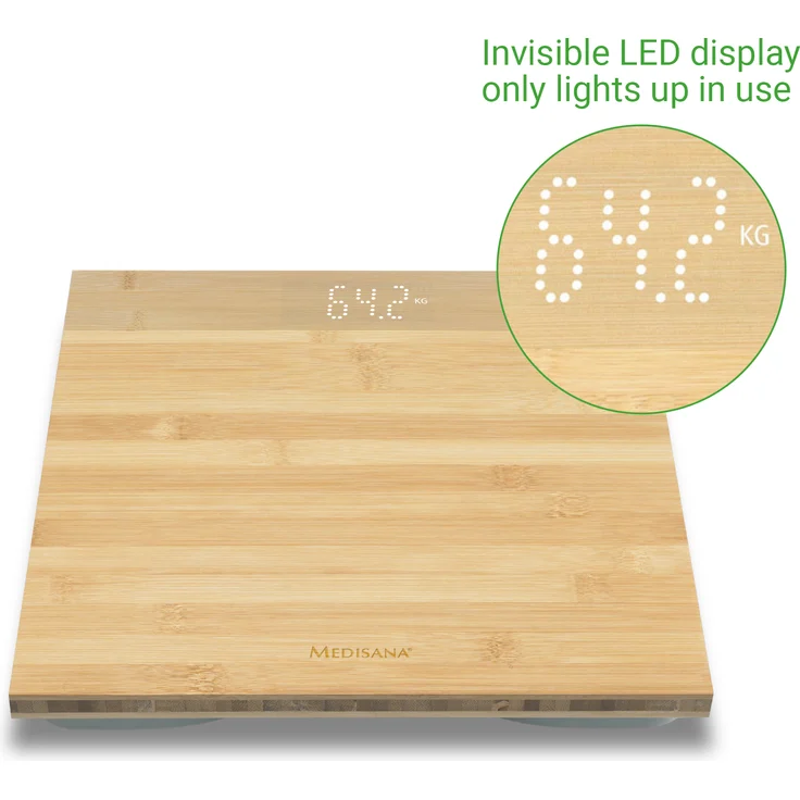 medisana PS 440 digitale Personenwaage aus Bambus bis 180 kg, Badezimmerwaage mit automatischer Abschaltung und unsichtbarem LED-Display – Bild 5