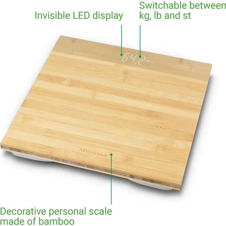 medisana PS 440 digitale Personenwaage aus Bambus bis 180 kg, Badezimmerwaage mit automatischer Abschaltung und unsichtbarem LED-Display – Bild 6