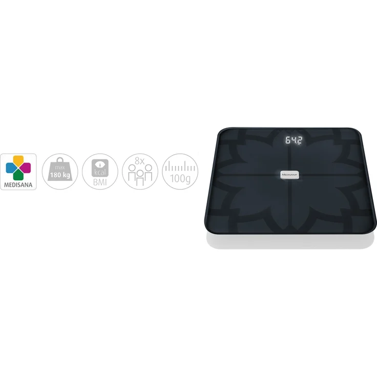 medisana BS 450 connect, digitale Körperanalysewaage 180 kg, schwarze Personenwaage zur Messung von Körperfett, Körperwasser, Muskelmasse und Knochengewicht, Körperfettwaage mit Körperanalyse App – Bild 3