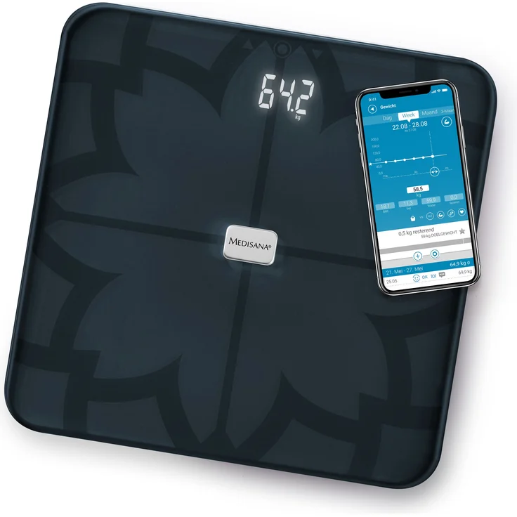 medisana BS 450 connect, digitale Körperanalysewaage 180 kg, schwarze Personenwaage zur Messung von Körperfett, Körperwasser, Muskelmasse und Knochengewicht, Körperfettwaage mit Körperanalyse App – Bild 1