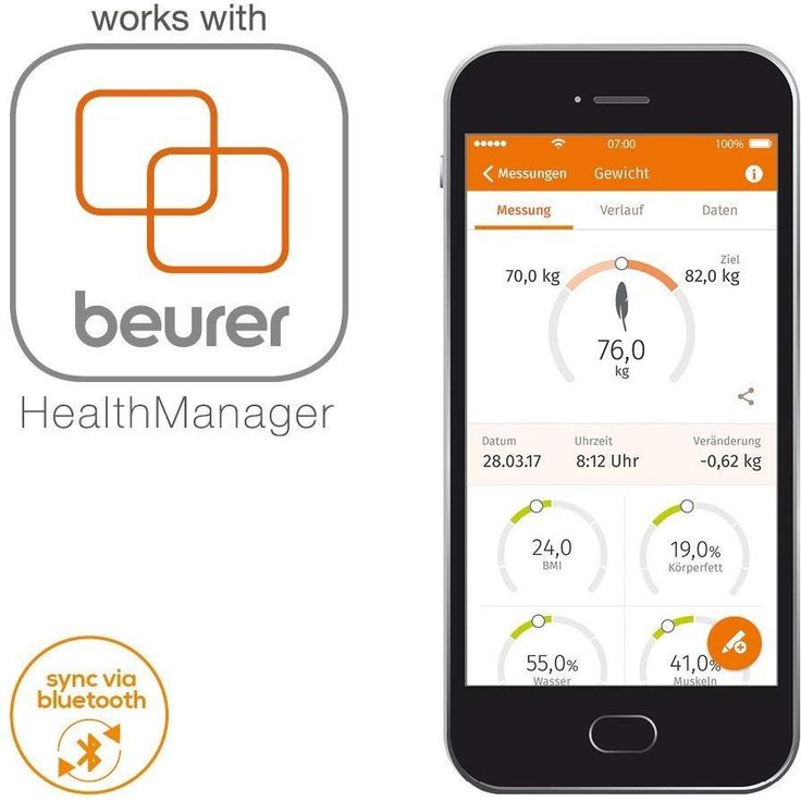 Beurer BF 950 White Diagnosewaage, Messung von Körperfett, Körperwasser, Muskelanteil und Knochenmasse, Berechnung von Kalorienbedarf und BMI, inklusive App, Anbindung mit zertifiziertem Datenschutz – Bild 5