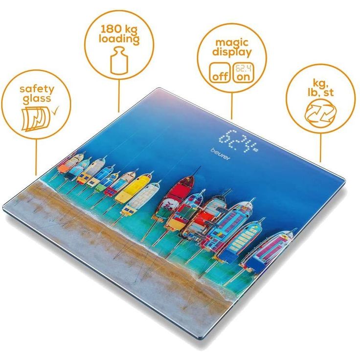 Beurer GS 215 Boats Glaswaage, digitale Personenwaage mit Magic, Display, Dot, Matrix, Anzeige, Trittfläche aus Sicherheitsglas und Tragkraft bis 180 kg – Bild 2