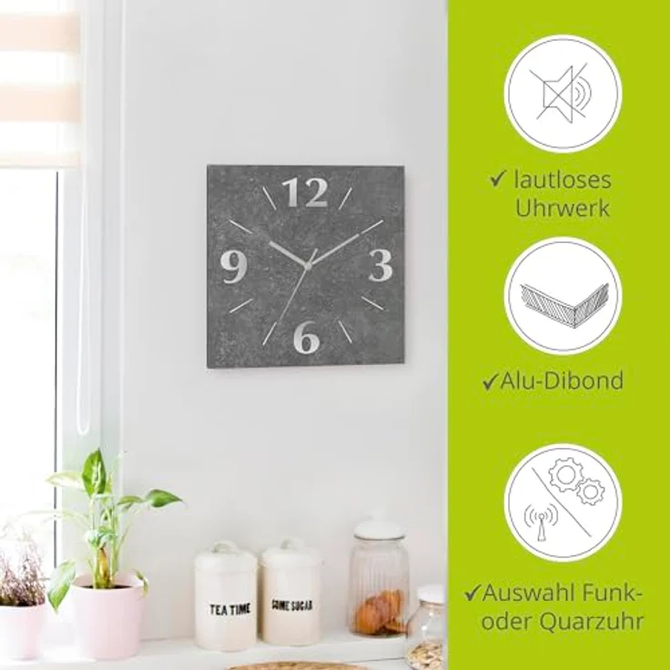 ARTLAND Wanduhr ohne Tickgeräusche Alu Quarzuhr 30x30 cm Quadratisch Lautlos analoge Quarzuhr, 4 Ziffern 30x30 cm Granitoptik Gesteinoptik Anthrazit J4XM – Bild 2