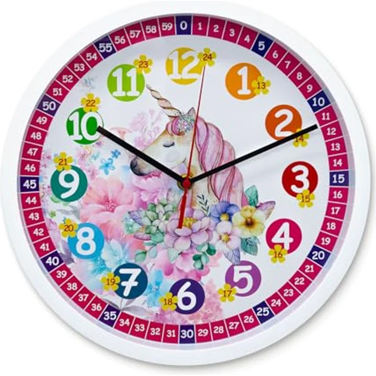 K&L Wall Art Lautlose rosa Kinder Wanduhr für Mädchen langlebige Einhorn Fee Lernuhr 30cm groß Uhrzeit lesen Lernen Blumen Kinderuhr Lesehilfe (30cm Einhorn Prinzessin) – Bild 3
