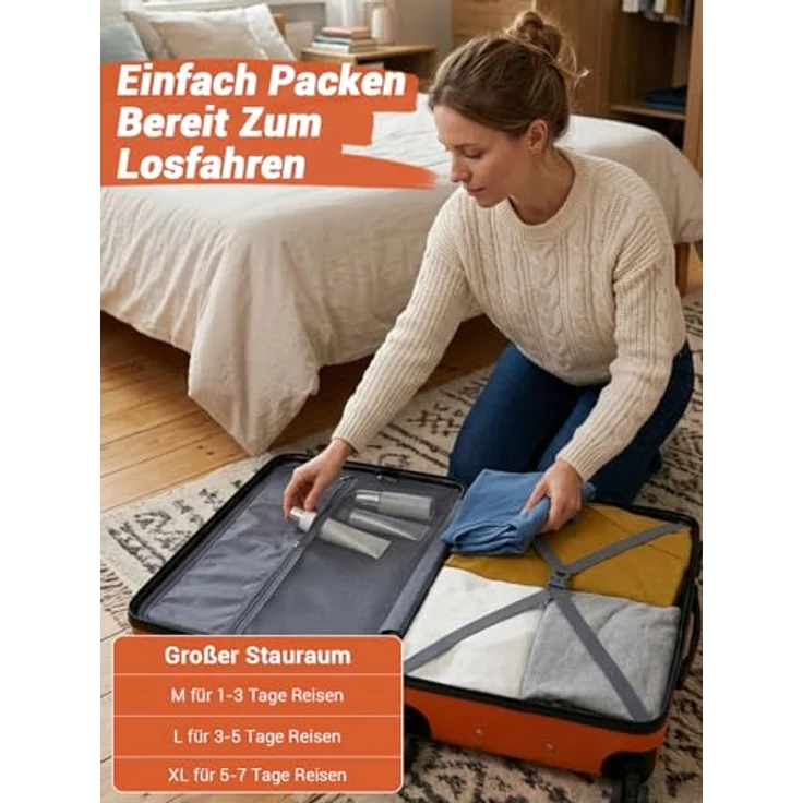 Shavont Kofferset 3-teilig, Hartschalenkoffer (ABS) in Orange mit Handgepäck 55x40x20 cm, mittelgroß L 66x45x26,5 cm, groß XL 76x50x29 cm, 4 leise 360° Doppelrollen, integriertes Schloss – Bild 4