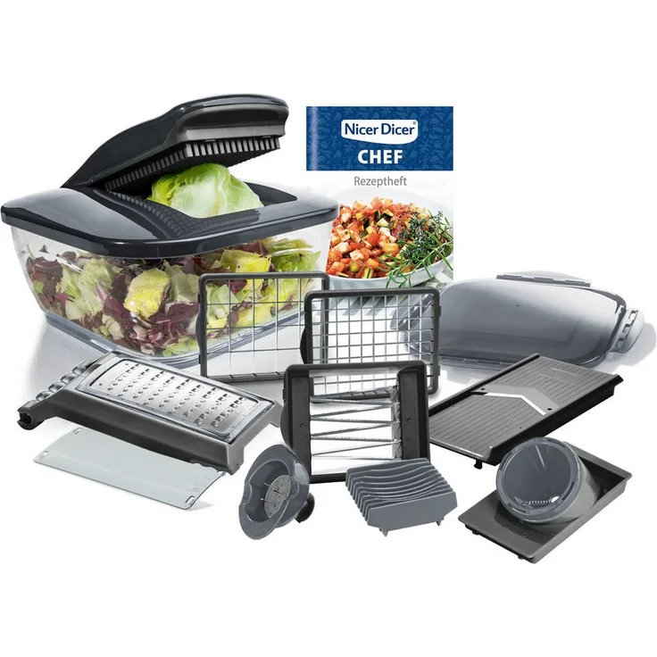 Genius Nicer Dicer Chef, 15-tlg. Gemüseschneider mit G-NOX Edelstahl-Klingen, extra-großer Schneidfläche und Auffangbehälter