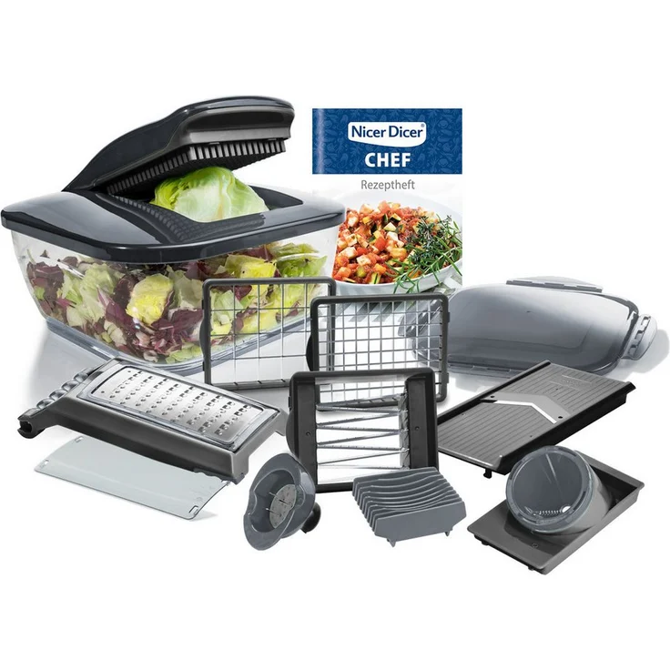 Genius Nicer Dicer Chef, 15-tlg. Gemüseschneider mit G-NOX Edelstahl-Klingen, extra-großer Schneidfläche und Auffangbehälter