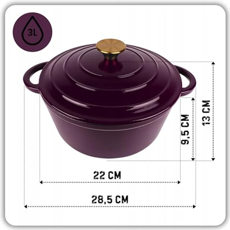 Torvon Bräter Gusseisen-Topf emailliert 22 cm, Farbe Aubergine, ideal für Ofen und Herd – Bild 3