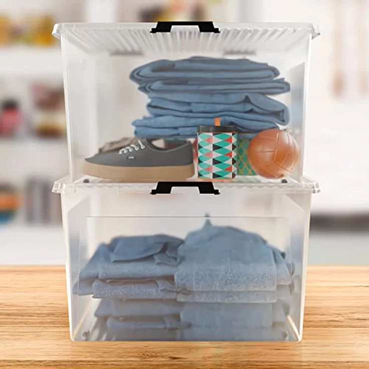 Deuba® Aufbewahrungsboxen 2 x 60l mit Deckel und Rollen, stapelbar, transparent Kunststoff BPA-frei Klickverschluss, RB60 für Büro, Garage, Waschraum – Bild 3